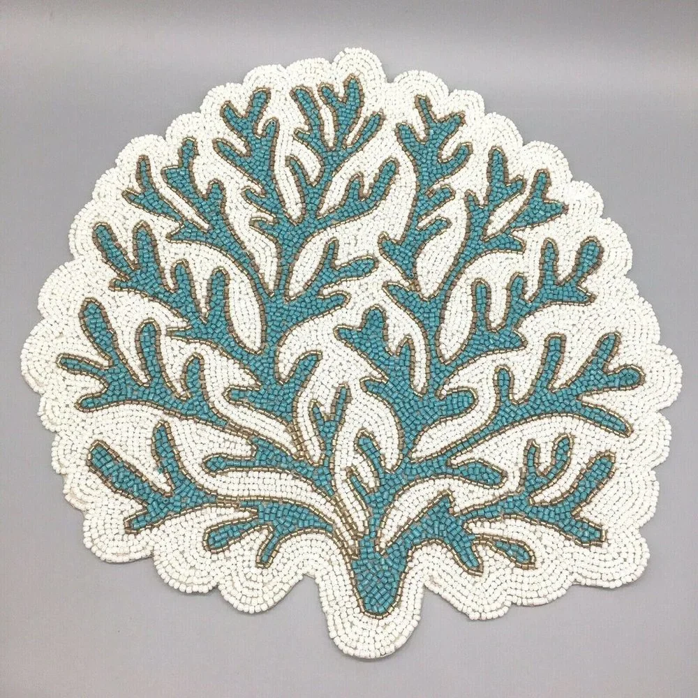 x2 Coastal Collection Beaded Ocean Blue Coral Reef Placemat Set Beach Decor 15